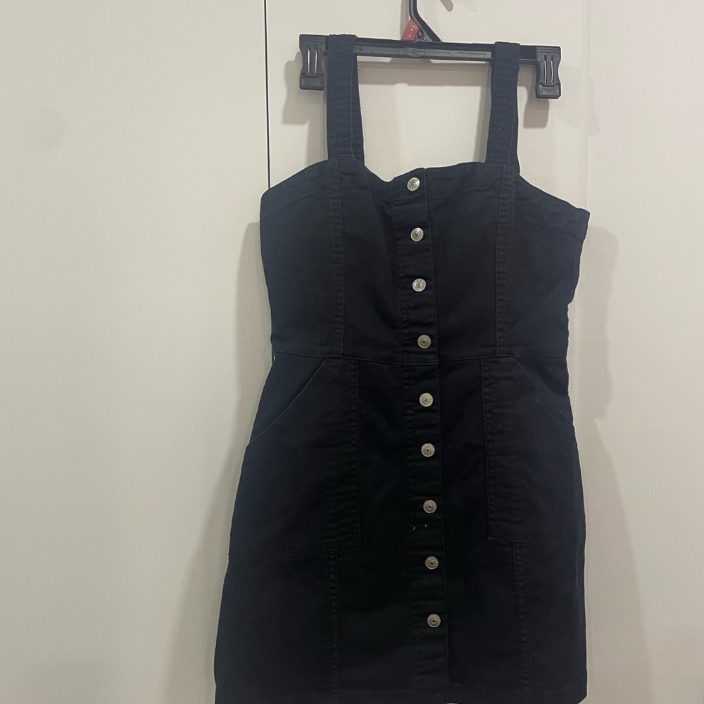 Divided Black Mini Dress with Button Detail